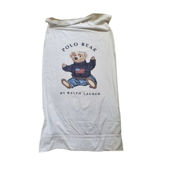 VTG Ralph Lauren Polo Bear Beach Towel 34x64 USA Flag White FLAWS READ - Picture 1 of 9